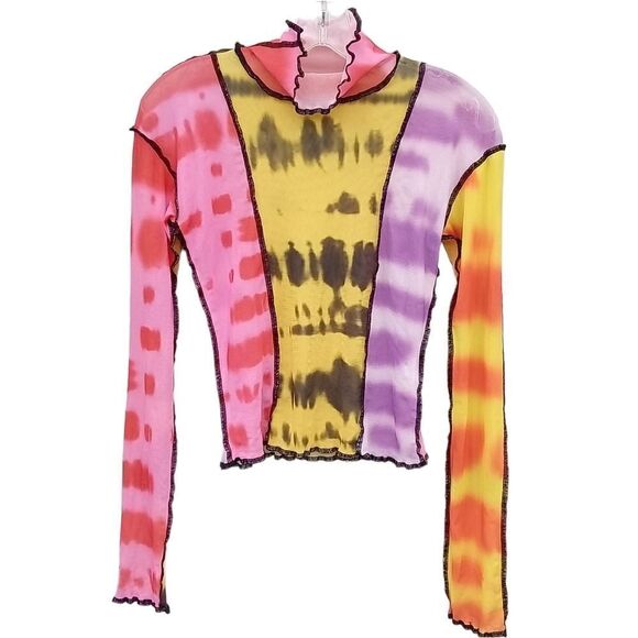 Sheer Long Sleeve Top Size L Exposed Seams Tie Dye Colorblock Turtleneck - Picture 1 of 7